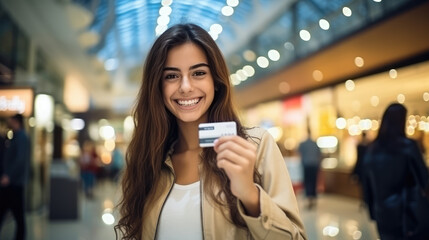 Happy teenager girl using a credit bank card in her hand against a mall background. Favorable debit plastic card service for teenagers, students and schoolchildren. - obrazy, fototapety, plakaty