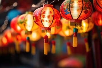 Close up of colorful chinese paper lanterns for new year  celebration