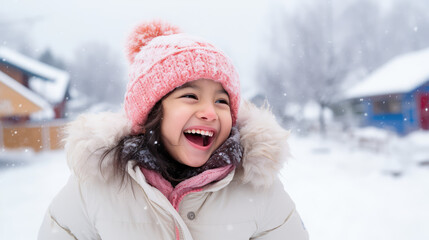 Fototapeta na wymiar Portrait of pretty smiling Indian girl in knitted hat enjoying snowfall in winter season. White snow, joy of winter, surprise, outdoor activities.