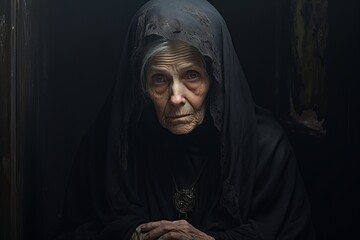 An old elderly widow in mourning attire is mourning, portrait of a grieving widow - obrazy, fototapety, plakaty