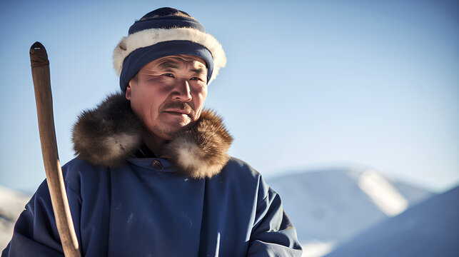Portrait of an Inuit man with traditional clothing with arctic landscape