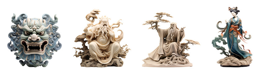 Set of Handmade Japanese Statuettes: Craftsmanship at Its Finest, Isolated on Transparent Background, PNG