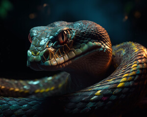 Snake with dragon horns. A close up of a snake on a black background