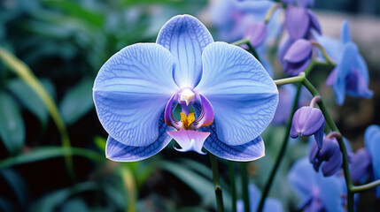 Close up of a blue orchid with a garden in the background