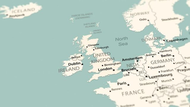 United Kingdom on the world map. Smooth map rotation. 4K animation.