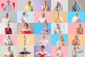 Collage of women and oncologist with pink ribbons on color background. Breast cancer concept