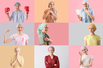 Collage of women with pink ribbons on color background. Breast cancer concept