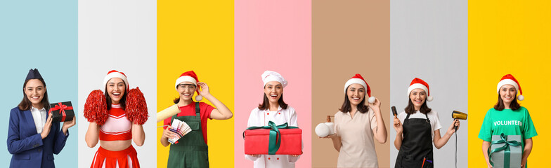 Set of young woman in uniforms of different professions on color background