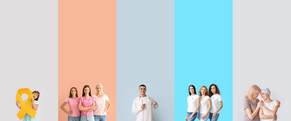 Collage of different people on color background. Cancer concept