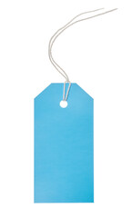 Blue cardboard price tag with white rope, template for coupon