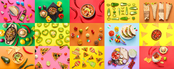Collage of traditional Mexican dishes on color background