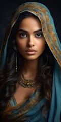 Portrait of a beautiful young Indian woman in blue indian dress. 