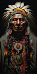 Native american indian man chief in traditional costume on black background. 