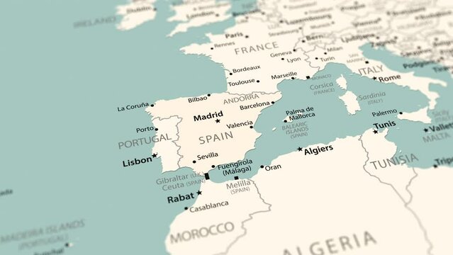 Spain on the world map. Smooth map rotation. 4K animation.