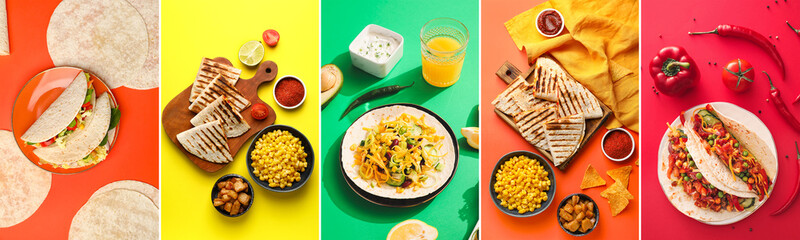 Collection of traditional Mexican dishes on color background