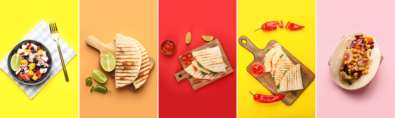 Set of traditional Mexican dishes on color background, top view