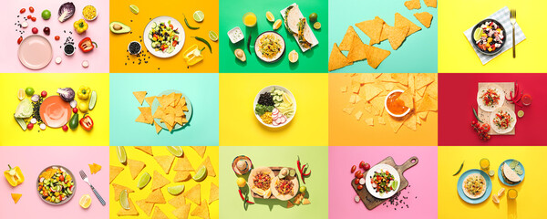 Fototapeta premium Set of traditional Mexican dishes on color background, top view