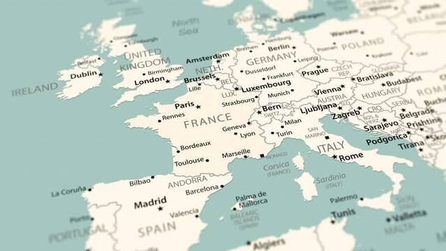 France on the world map. Smooth map rotation. 4K animation.