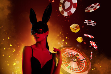 Creative collage bunny attractive charming girl play casino gambling jackpot roulette roll dice bunny ears mask dress