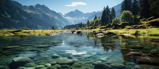 Very beautiful mountain lake in the green mountains - obrazy, fototapety, plakaty