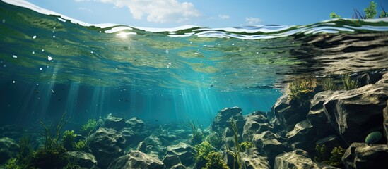 Fototapeta na wymiar Underwater view of seabed with green Meadow