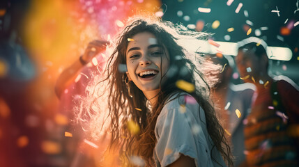 happy young woman dancing with color lights and confetti falling. Teenager girl having fun with music in a club 