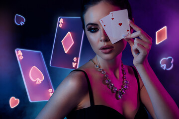 Collage creative banner luxury gorgeous girl hold two aces promo casino card games neon gambling...