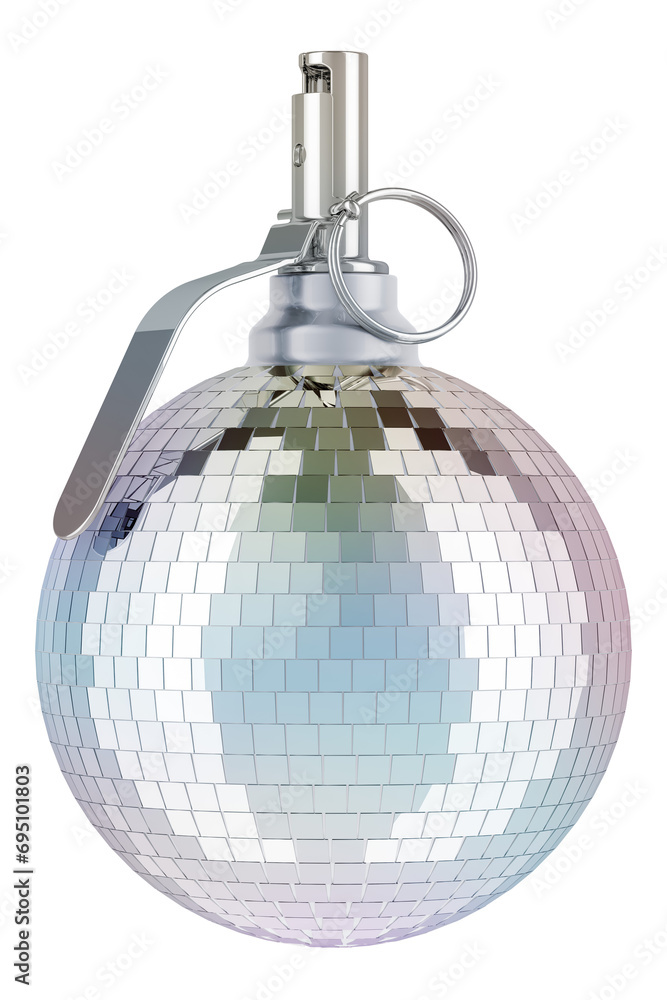 Poster mirror disco ball as grenade, 3d rendering isolated on transparent background