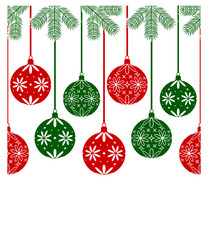 seamless border with hanging christmas balls and spruce twigs isolated on white background