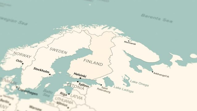 Finland on the world map. Smooth map rotation. 4K animation.