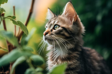 A tabby cat with striking green eyes looks out thoughtfully among green plants.