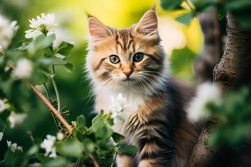 Naklejka na ściany i meble A kitten with green eyes and striped fur is nestled among white flowers and green leaves.