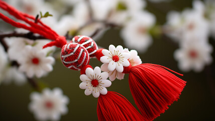 Martisor, red and white, yarn floss thread, holiday of welcoming spring in Moldova and Romania, celebrated on March , tradition give boutonnieres in the form of flowers Baba Marta. - obrazy, fototapety, plakaty