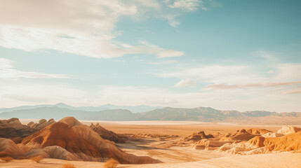 A serene desert landscape with undulating sandy hills under a vast blue sky with soft clouds.