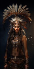 Beautiful American Indian woman in ethnic costume with feathers on dark background