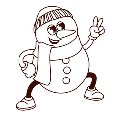 Groovy monochrome snowman character vector illustration. Cartoon isolated retro Christmas sticker of snowman with hat and scarf, funny winter mascot with happy face and gesture of victory