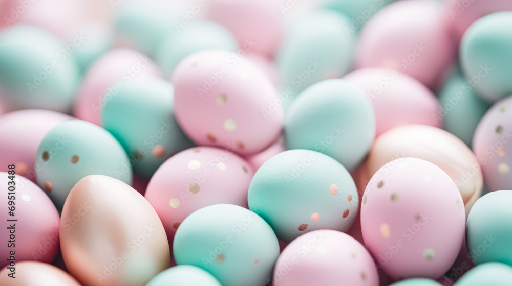 Poster close-up of numerous easter eggs with a matte finish in soft pastel colors, adorned with golden spec