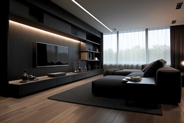 Modern home interior, black and dark brown design of living room, minimalist style. Inside luxury elegant apartment with TV, led light and couch. Concept of contemporary house