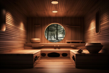 Modern wooden sauna interior, Finnish design of bathroom for hot treatments. Steam spa room in hotel or home in summer. Theme of Russian or Scandinavian house, wood, travel to Finland