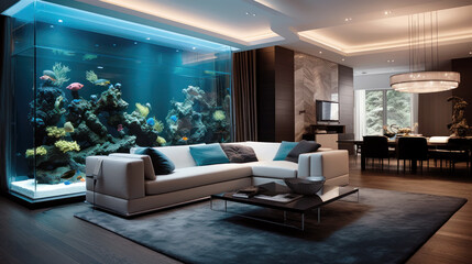 Modern home interior with luxury big aquarium, brown design of contemporary living room. Inside rich house or villa. Concept of minimalist eco style, nature