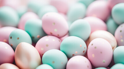 Close-up of numerous Easter eggs with a matte finish in soft pastel colors, adorned with golden speckles, creating a delicate and festive springtime display.