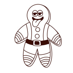 Groovy Christmas Gingerbread Man character vector illustration. Cartoon monochrome retro ginger cookie sticker with funny sweet bread with icing decoration, funky expression with tongue on face