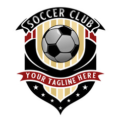Soccer emblem logo design. soccer ball as an icon above the brand name, very suitable for soccer clubs or sports supporters.