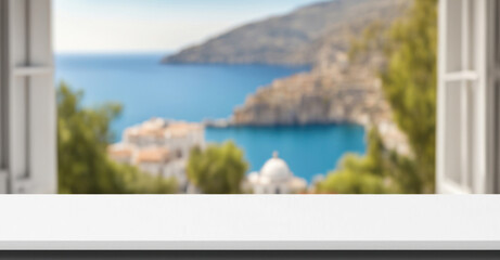 Summer sea travel banner. Empty white table top in front, blurred paradise coast with mountains background. Greece vacation panoramic scene. Beautiful view from window, generated by AI