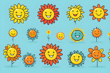Simple Linear Style Vector Design: Hippie, Happy Groovy Smile Character, Fun Sun, Flower Sticker Template generative ai