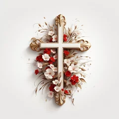 Fotobehang watercolor christian cross in flowers on white background © Joanna Redesiuk