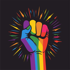 Vector lgbt fist in rainbow colors on background of firework
on night sky.
Lgbt hand. Colored fingers in fist. Symbol of mutual support.
Cartoon print for t-shirt with
elements of lgbt community. - obrazy, fototapety, plakaty