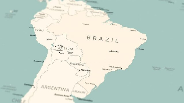 Brazil on the world map. Smooth map rotation. 4K animation.