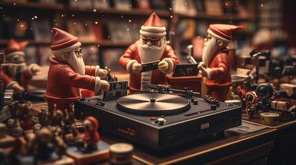 Miniature cheerful Santa Clauses stand around a vinyl record player against a blurred background of...