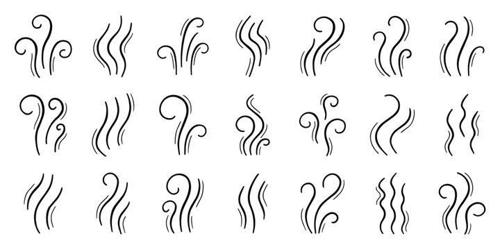 Fire steam doodle set. Line smoke, aroma, smell, waves from food and beverages in sketch style. Hand drawn vector illustration isolated on white background